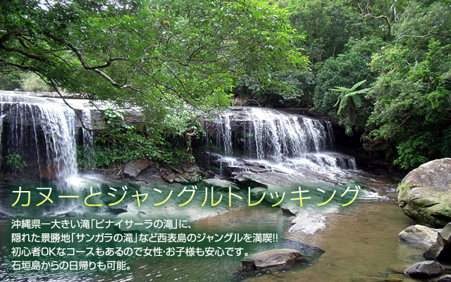 カヌーとジャングルトレッキング　沖縄県一大きい滝「ピナイサーラの滝」に、隠れた景勝地「サンガラの滝」など西表島のジャングルを満喫！初心者OKなコースもあるので女性・お子様も安心です。石垣s島からの日帰りも可能